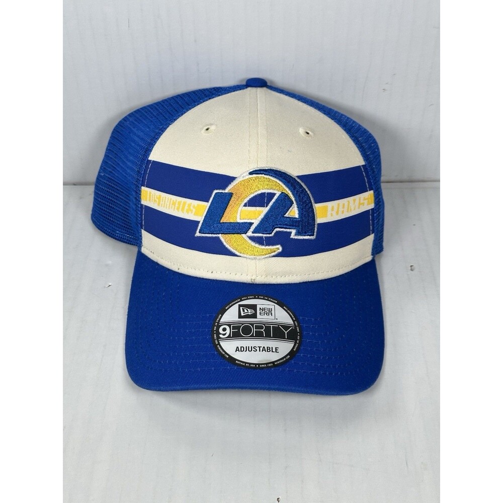 New Era Los Angeles Rams 9FORTY Team Stripes Blue Cream Trucker SnapBack Hat Cap